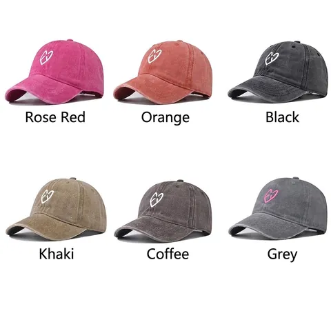 Berretto Da Baseball In Cotone Lavato Ricamo Cuore Distressed Regolabile Retro Dad Hat Streetwear Unisex Casual