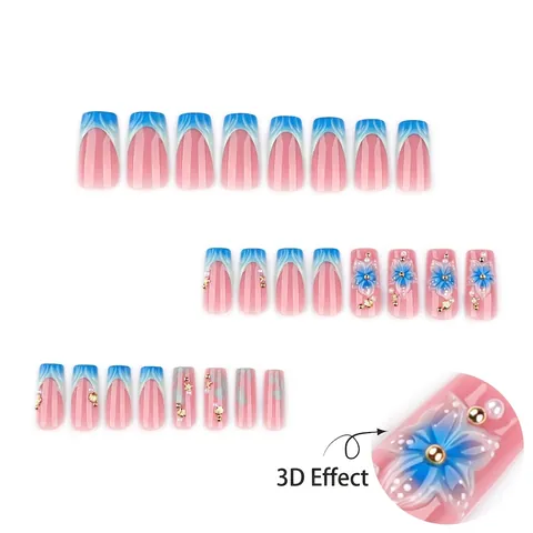 Press On Nails Blue Gradient French Medium Long Coffin False Nails With 3D Flower Shell Starfish Artificial Pearl Decor For Women