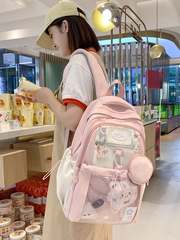 Kawaii Nylon School Backpack Large Capacity Multi Pocket Ita Bag For Girls Waterproof Student Daypack With Coin Purse