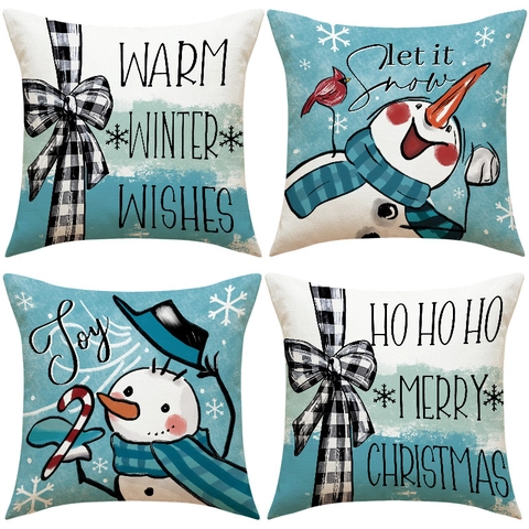 Christmas Pillow Covers Snowman Robin Bird Pattern Linen Cotton Square Holiday Couch Cushion Case Winter Farmhouse Decor