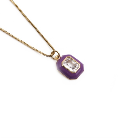 Geometrische Rechthoekige Hanger Ketting Koper Verguld Met Gekleurde Emaille Rand En Zirkoon Kristal Voor Dames Sieraden