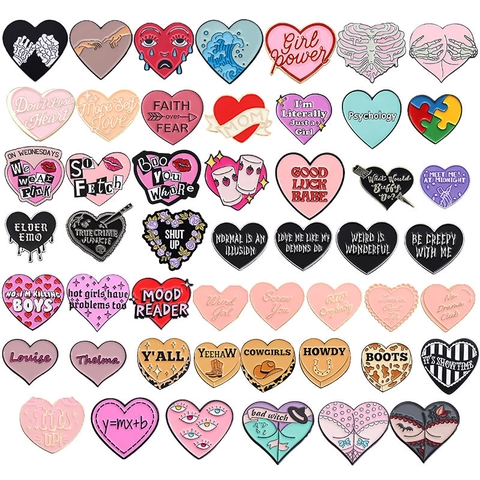 Vintage Zinc Alloy Heart Shape Enamel Brooch Pin Geometric Letter Pattern Painted Fashion Clothing Accessories For Unisex