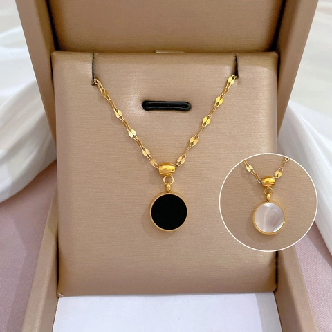 Double Sided Shell Round Pendant Necklace Titanium Steel Real Gold Plated Elegant Clavicle Chain For Women Jewelry