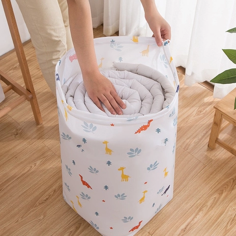 Quilt Storage Bag Waterproof PEVA Large Capacity Cylindrical Drawstring Closet Wardrobe Organizer Printed Dustproof Moistureproof