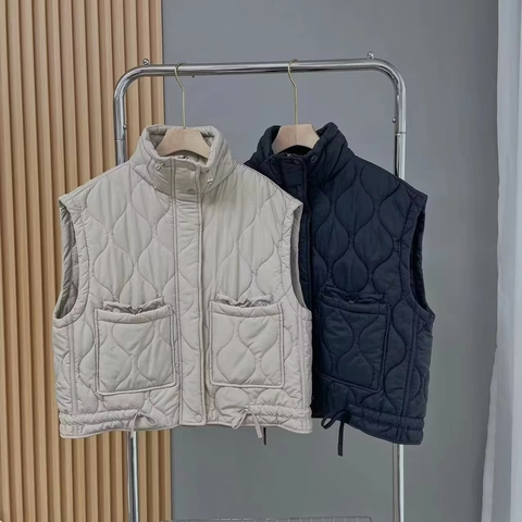 Gilet Trapuntato Da Donna Smanicato Imbottito Collo Alto Orlo Con Coulisse Tasche Tinta Unita Casual Leggero