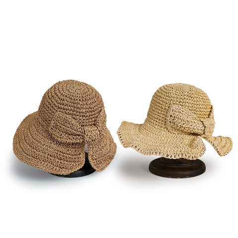 Cappello Di Paglia Da Donna Uncinetto Mano Tesa Larga Fiocco Protezione Solare Pieghevole Estate Spiaggia Viaggio Elegante