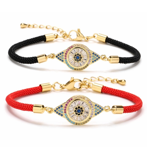 Evil Eye Woven Rope Bracelet Copper Gold Plated Zirconia Adjustable Hand Chain For Women Ethnic Lucky Jewelry