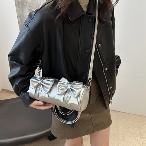Sac Bandoulière Baril Cuir PU Décor Nœud Doux Style Y2K Sacoche Oreiller Pour Femmes