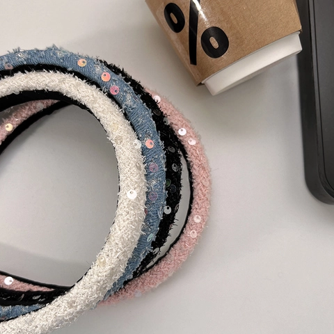Elegante Gewatteerde Hoofdband Pailletten Tweed Denim Stof Haarring Franse Stijl Dikke Accessoire Vrouwen