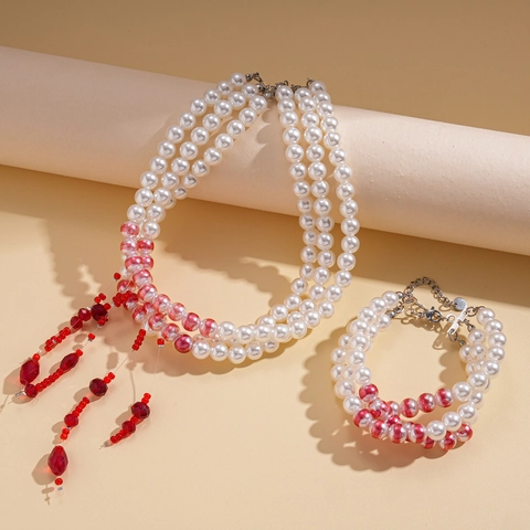 Vintage Multi Layer Faux Artificial Pearl Necklace And Bracelet With Red Glass Bead Tassels Elegant Jewelry For Women