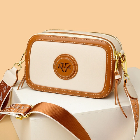 Borsa A Tracolla Macchina Fotografica Donna Pelle PU Colore A Contrasto Tracolla Larga Dual Cerniera Moda Quadrata