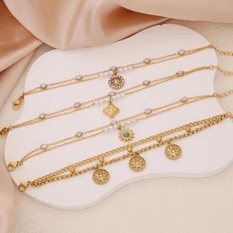Fashion Double Layer Stainless Steel Bracelet With Imitation Artificial Pearl Zirconia Star Flower Pendant For Women Jewelry Gift