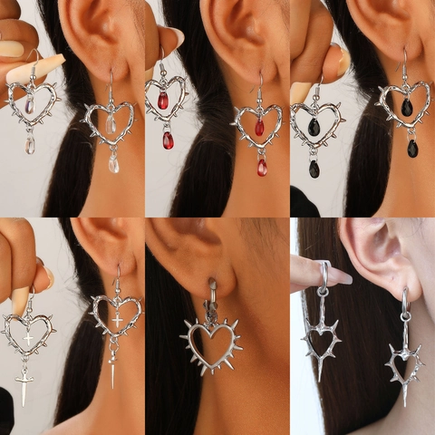 Gothic Heart Thorn Earrings Necklace Alloy Punk Cross Water Drop Jewelry With Earring Post For Women Retro Aesthetic