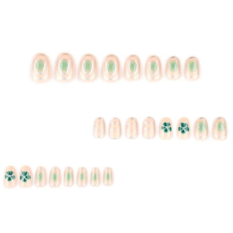 Green Gradient Press On Nails Kleeblatt Muster Silberne Metalllinien Mandelform Glänzende Künstliche Nägel Damen Sommer Stil