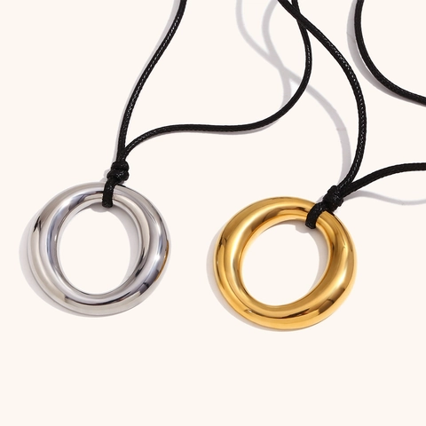 Ronde Ring Hanger Ketting Roestvrij Staal Zwart Koord Minimalistische Geometrische Sieraden Voor Dames Retro