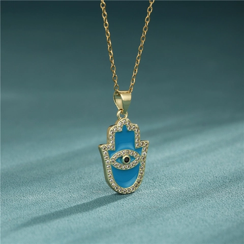 Hamsa Hand Böser Blick Anhänger Halskette 18K Vergoldet Edelstahl Blau Emaille Zirkon Amulett Schmuck Für Damen