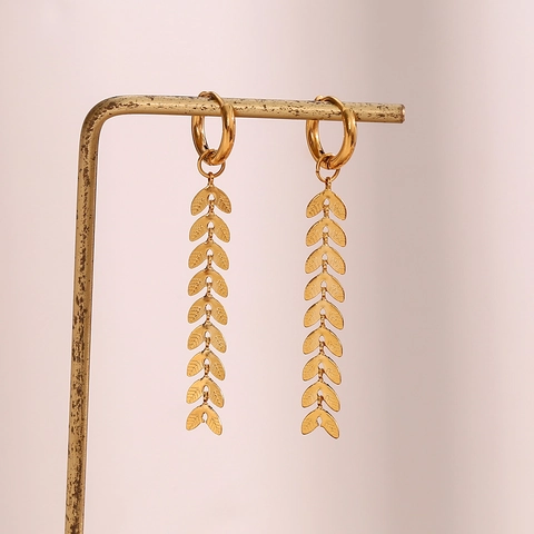 Gold Plated Stainless Steel Long Leaf Dangle Earrings Trendy Fishbone Wheat Motif Hoop Drop Jewelry For Women