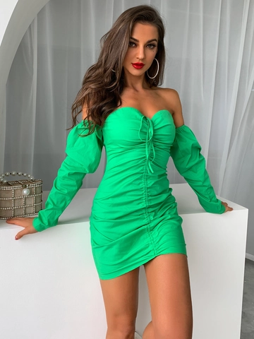 Neon Groen Off Shoulder Geplooide Mini Jurk Polyester Lange Mouw Trekkoord Voorzijde Rugloos Sexy Clubwear Dames