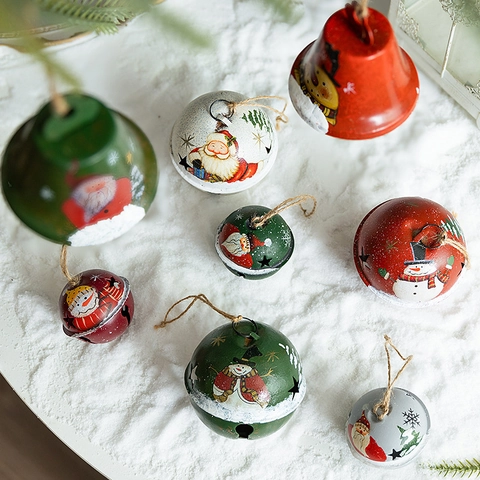 Christmas Metal Hanging Bells Painted Santa Claus Snowman Retro Iron Ornaments Holiday Home Tree Decoration With Jute Rope