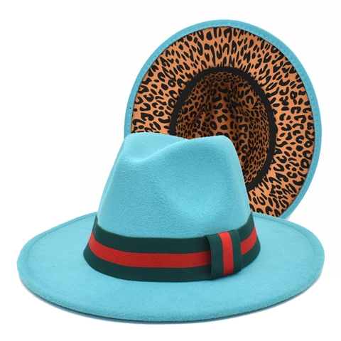 Cappello Fedora A Tesa Larga In Feltro Di Lana Fodera Leopardata Nastro A Righe Stile Britannico Per Uomo Donna