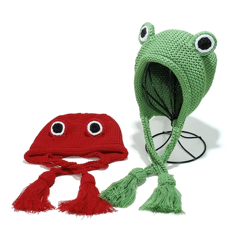 Frosch Strickmütze Süß Große Augen Acryl Warm Winddicht Ohrenklappe Beanie Mit Quasten Für Draußen Winter Herbst