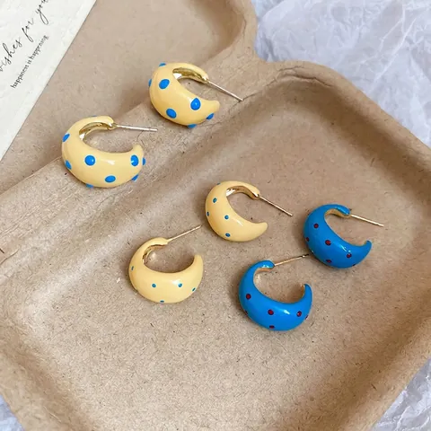 Polka Dot Enamel C-Shape Hoop Earrings Colorful Spotted Alloy Jewelry With 925 Sterling Silver Earring Post