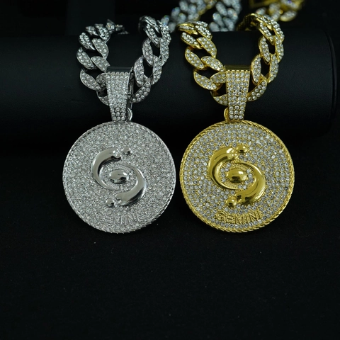 Collar de Colgante Redondo de 12 Signos del Zodíaco Hip Hop Iced Out Chapado en Oro Plata Aleación de Zinc Strass Cadena Cubana Joyería Hombre