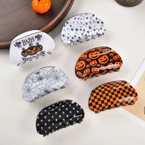 Halloween Hair Claw Clips Large Acetate Pumpkin Spider Skull Pattern Festive Party Headwear Accessory For Women