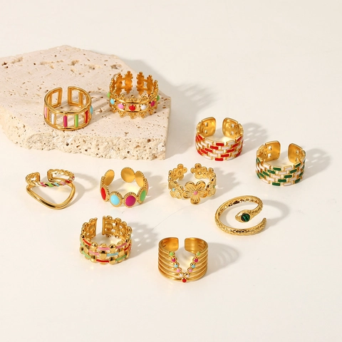 Mode Ring 18K Vergoldet Edelstahl Bunte Emaille Geometrische Schlange Blume Verstellbarer Schmuck Für Damen