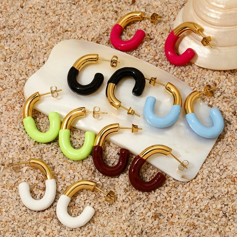 Pendientes De Aro En Forma De C Minimalistas De Acero Inoxidable Esmalte Color De Contraste Joyas Geométricas Para Mujer