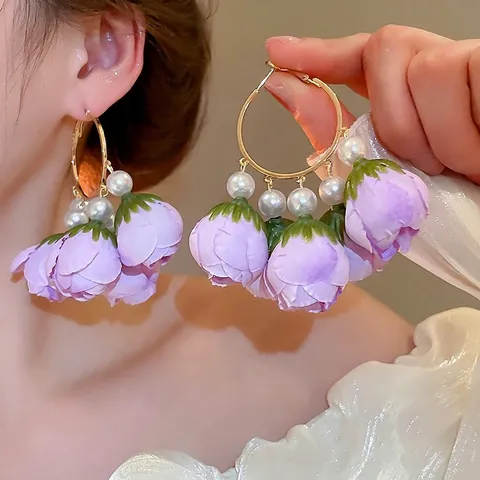 Pendientes De Aro Florales Con Flores De Tela Perlas Artificiales Y Poste De Plata Joyería Bohemia Romántica Para Mujer