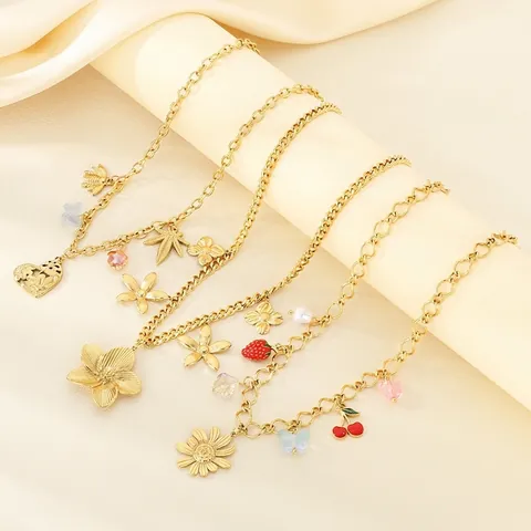 Stainless Steel Gold Plated Necklace Heart Sunflower Butterfly Bee Flower Artificial Pearl Charm Clavicle Chain Women Jewelry