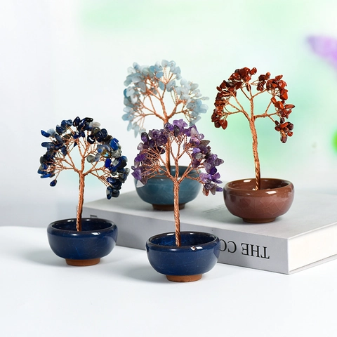 Natural Crystal Money Tree Handmade Copper Wire Wrapped Gemstone Tree Ornament With Ceramic Base Feng Shui Healing Home Office Decor