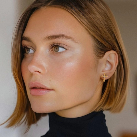 Stainless Steel Cross Hoop And Stud Earrings Gold Plated With Zirconia For Women Fashion Jewelry Elegant Accessories