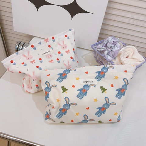 Pochette Per Trucco Carina Con Stampa Coniglio Floreale In Tela Di Cotone Astuccio Organizer Cerniera Per Donne Trucco