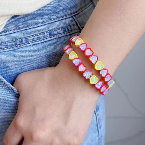 Bracelet Élastique en Émail en Forme de Cœur Coloré de Style Ins pour Femme avec Strass Sertis Bijoux de Main Doux à Porter au Quotidien Bracelets Empilables