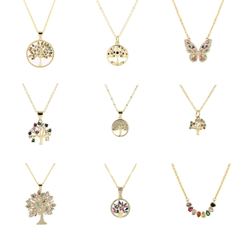 18K Gold Plated Copper Colorful Zircon Tree Of Life Butterfly Heart Pendant Necklace For Women Fashion Clavicle Chain