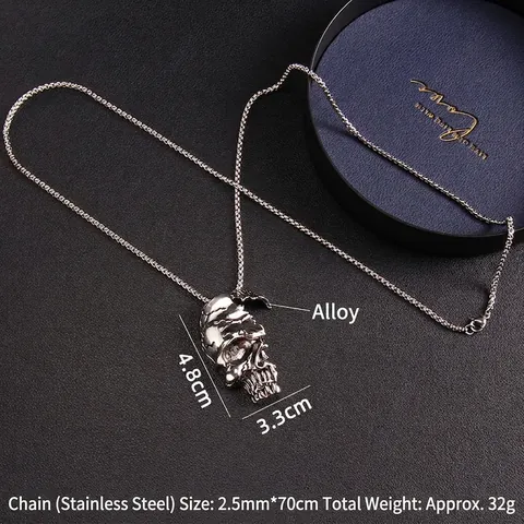 Punk Gothic Half Skull Pendant Necklace Stainless Steel Chain Alloy Cracked Vintage Jewelry For Men Unisex