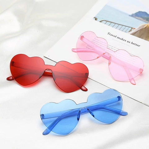 Heart Shaped Sunglasses Rimless Transparent Jelly Color One Piece PC Lens Retro Fashion Novelty Party Eyewear