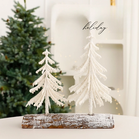 Mini Albero Di Natale Ornamenti Bianco Floccato Con Base In Legno PE Decorazione Da Tavolo Innevata