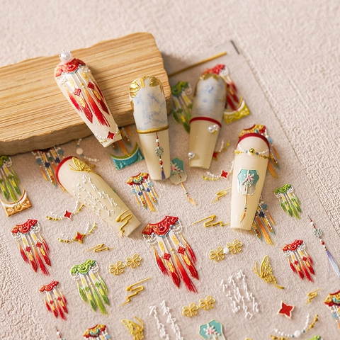 5D Embossed Nail Art Stickers Traditional Chinese Style Retro Fan Tassel Butterfly Design Self Adhesive PET Manicure Decals