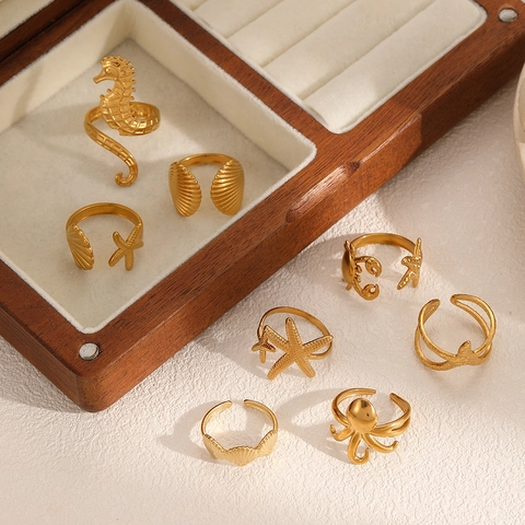 Ocean Theme Rings Stainless Steel Seahorse Starfish Shell Adjustable Open Jewelry Women Summer Beach Vacation Gold