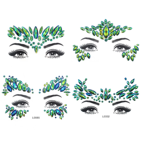 Face Jewels Rhinestone Stickers Iridescent Teal Green Face Gems Temporary Tattoo For Music Festival Party Rave Decoration