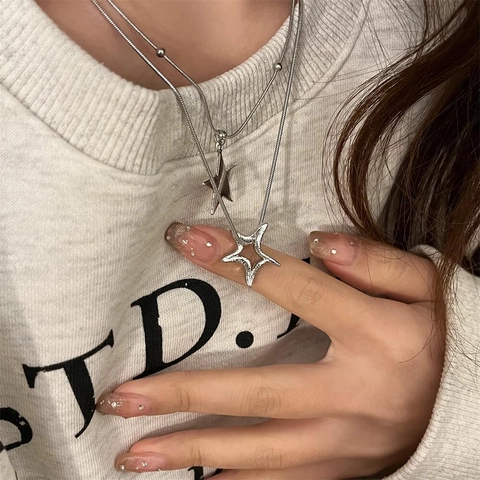 Star Pendant Necklace Silver Color Alloy Single Double Layer Snake Chain Minimalist Sweet Style Women Jewelry