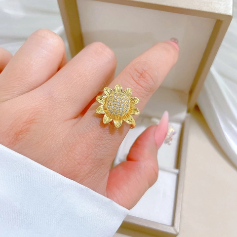 Sonnenblume Rotierender Offener Ring Gold Überzogenes Messing Zirkon Verstellbarer Japanischer Stil Schmuck