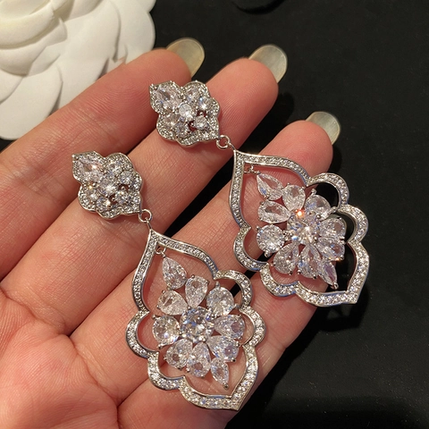 Orecchini Pendenti A Fiore Cavo Vintage Con Intarsio Di Zirconi E Perno In Argento Sterling 925 Per Donne
