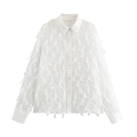 Elegante Blusa Blanca Para Mujer Manga Larga Cuello De Solapa Botones Con Detalle De Flecos Y Borlas Color Sólido Ajuste Holgado