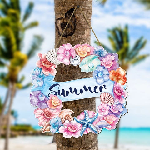 Targa Benvenuto Estate Legno Corona Floreale Spiaggia Hawaii Tema Oceano Conchiglia Stella Marina Decorazione Parete
