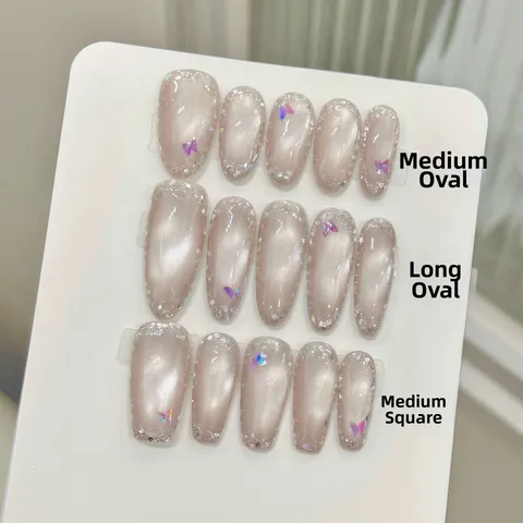 Uñas Postizas Hechas a Mano de Ojo de Gato de Lujo Con Mariposa Diamantes de Imitación Oro Champaña Plata Brillo Mujer Fiesta