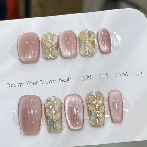 Uñas Postizas Hechas A Mano Cat Eye Blanco Porcelana Rosa Brillante Glitter Forma Ataúd Corto Para Mujeres